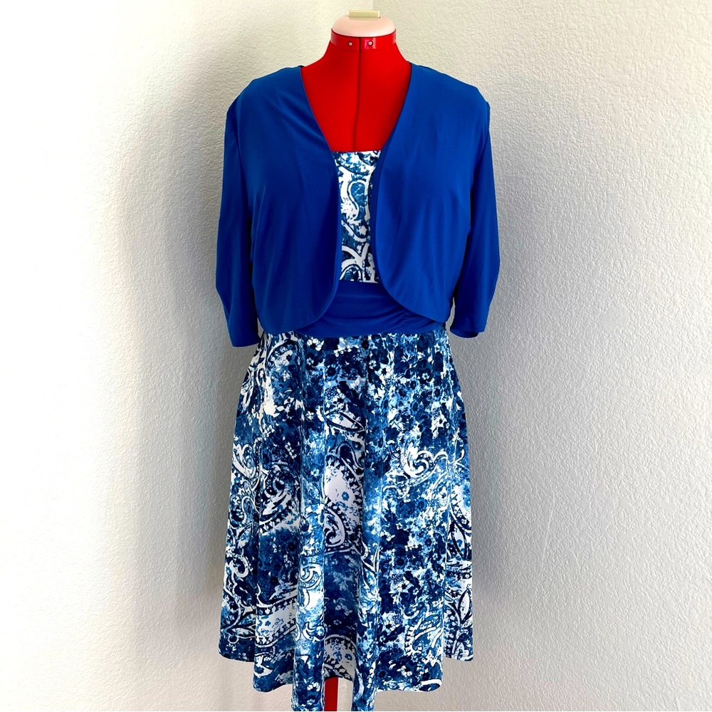 Perceptions 2 Piece Semi Formal PXL Blue White Dress with Jacket
